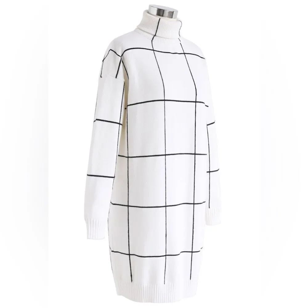 Chicwish WARM WELCOME GRID TURTLENECK SWEATER DRESS Size Small